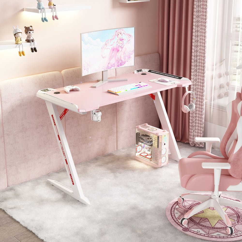 140cm RGB Gaming Desk Home Office Carbon Fiber Led Lights Game Racer Computer PC Table Z-Shaped Pink - Cosy Abode