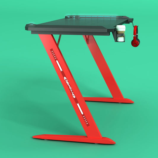 140cm RGB Gaming Desk Home Office Carbon Fiber Led Lights Game Racer Computer PC Table Z-Shaped Red - Cosy Abode