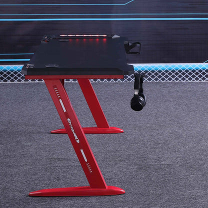 140cm RGB Gaming Desk Home Office Carbon Fiber Led Lights Game Racer Computer PC Table Z-Shaped Red - Cosy Abode