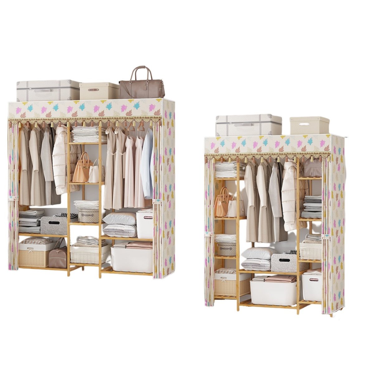 150cm Width Bamboo Clothes Rack Garment Closet Storage Organizer Hanging Rail Shelf Fabric Dustproof Cover - Cosy Abode