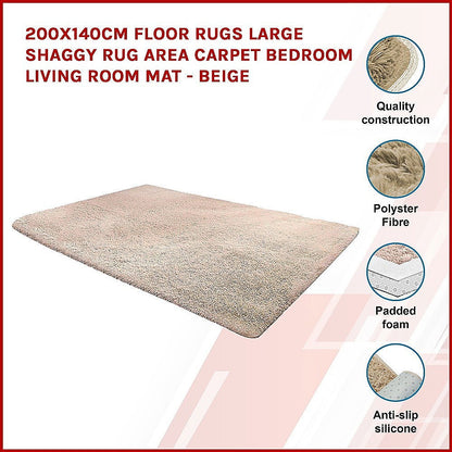 200x140cm Floor Rugs Large Shaggy Rug Area Carpet Bedroom Living Room Mat - Beige - Cosy Abode