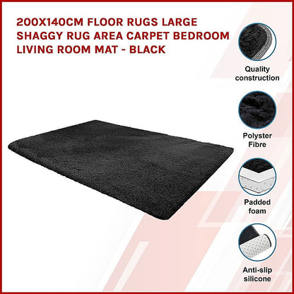 200x140cm Floor Rugs Large Shaggy Rug Area Carpet Bedroom Living Room Mat - Black - Cosy Abode