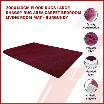 200x140cm Floor Rugs Large Shaggy Rug Area Carpet Bedroom Living Room Mat - Burgundy - Cosy Abode