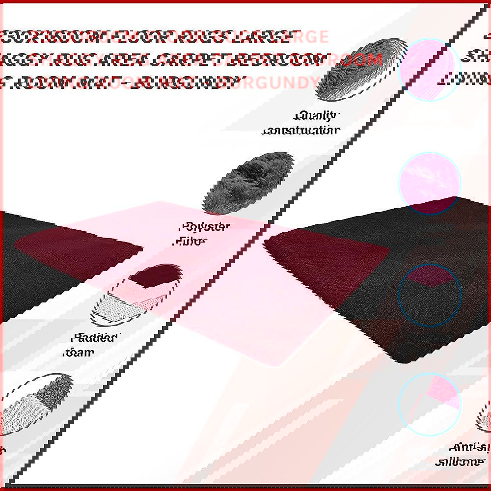 230x160cm Floor Rugs Large Shaggy Rug Area Carpet Bedroom Living Room Mat - Burgundy - Cosy Abode