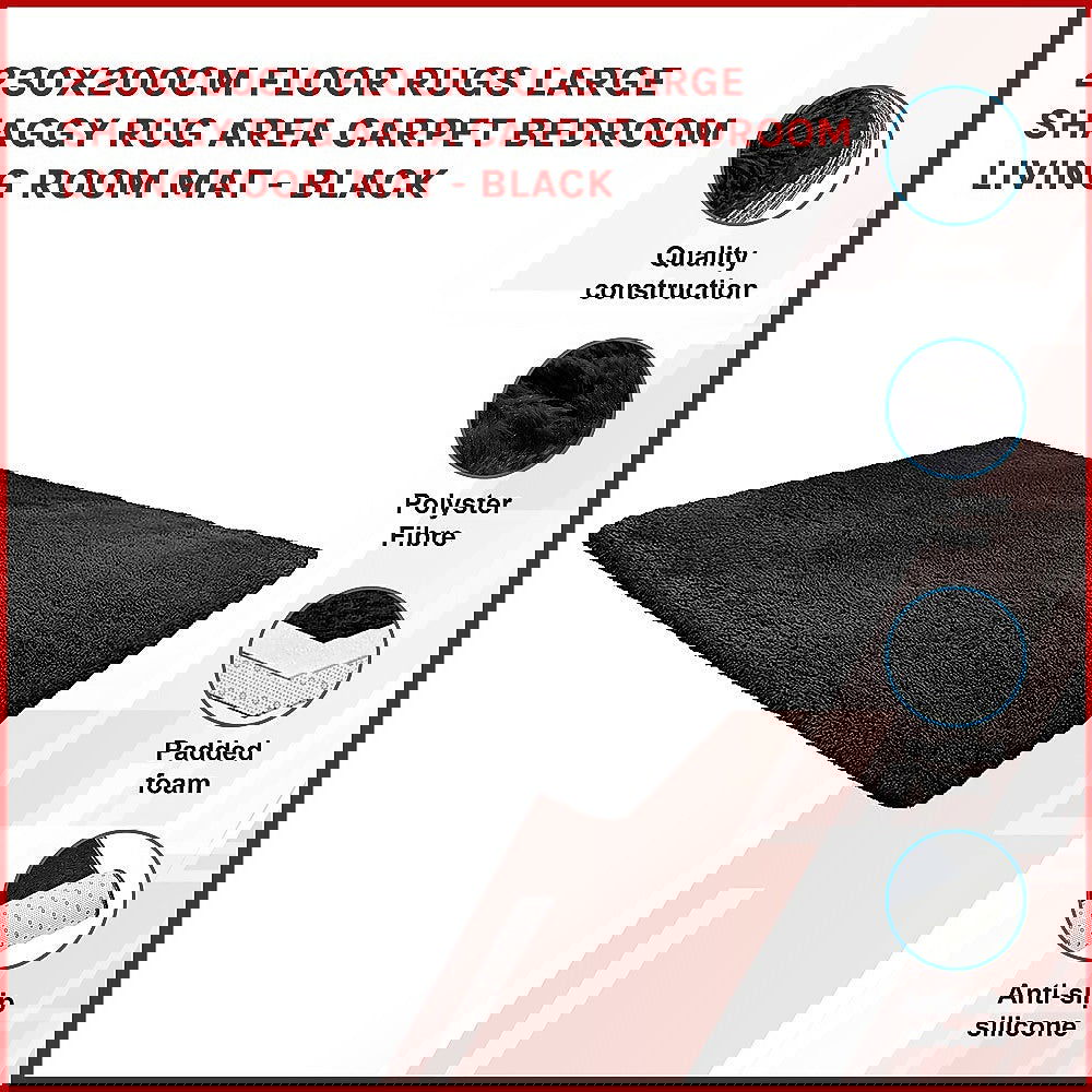 230x200cm Floor Rugs Large Shaggy Rug Area Carpet Bedroom Living Room Mat - Black - Cosy Abode