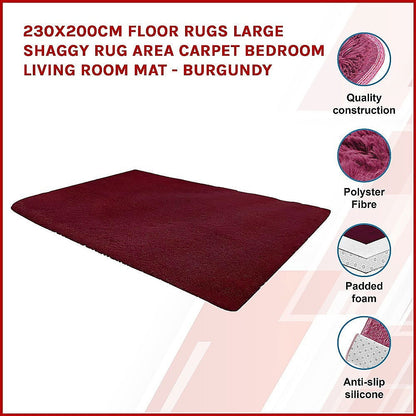 230x200cm Floor Rugs Large Shaggy Rug Area Carpet Bedroom Living Room Mat - Burgundy - Cosy Abode