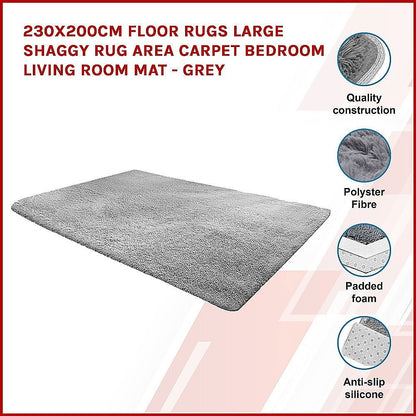 230x200cm Floor Rugs Large Shaggy Rug Area Carpet Bedroom Living Room Mat - Grey - Cosy Abode