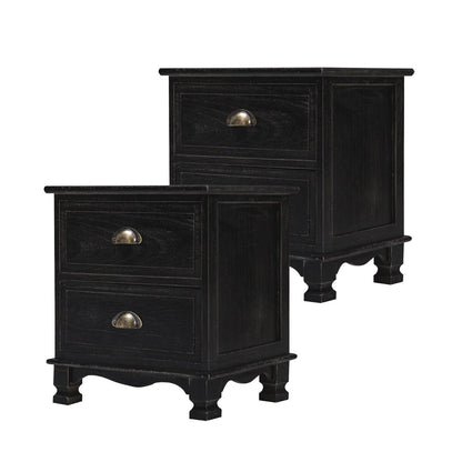 2X Bedside Table 2 Drawer Vintage Side Table Storage Cabinet Bedroom LYDIA BLACK - Cosy Abode