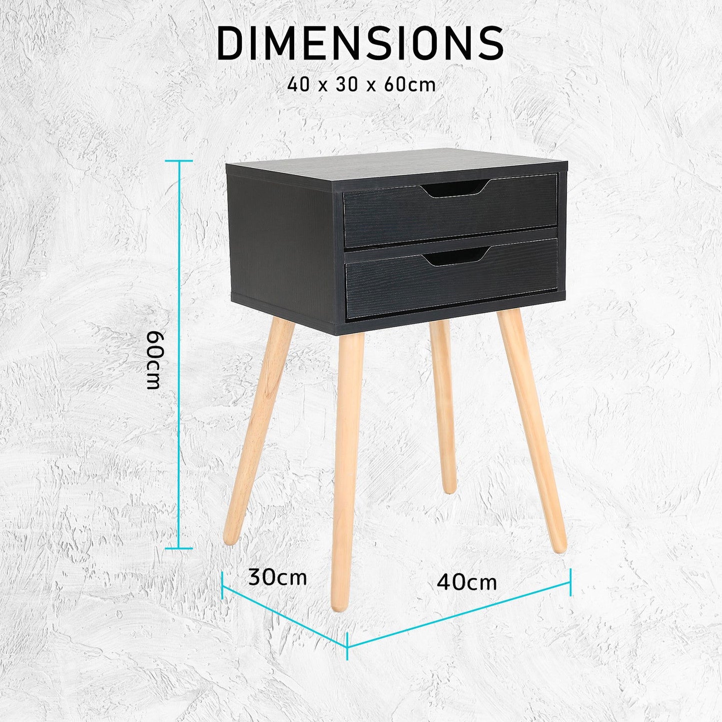 2X Bedside Table 2 Drawer Wood Leg Storage Cabinet Nightstand SUZY BLACK - Cosy Abode
