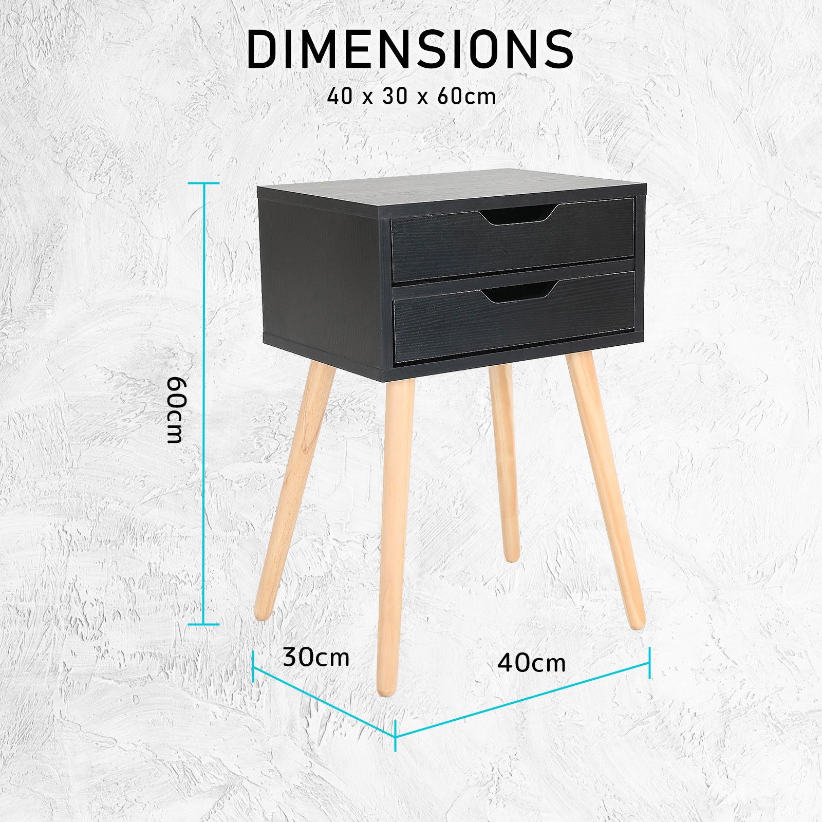 2X Bedside Table 2 Drawer Wood Leg Storage Cabinet Nightstand SUZY BLACK - Cosy Abode
