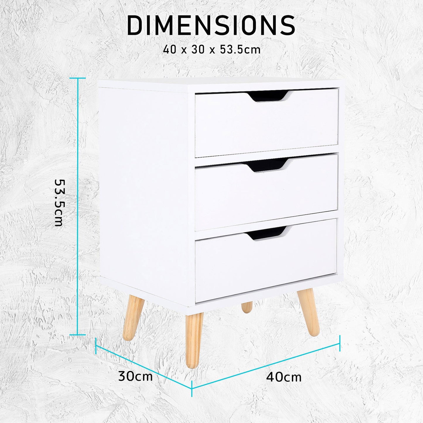 2X Bedside Table 3 Drawer Wood Leg Storage Cabinet Nightstand LACY WHITE - Cosy Abode