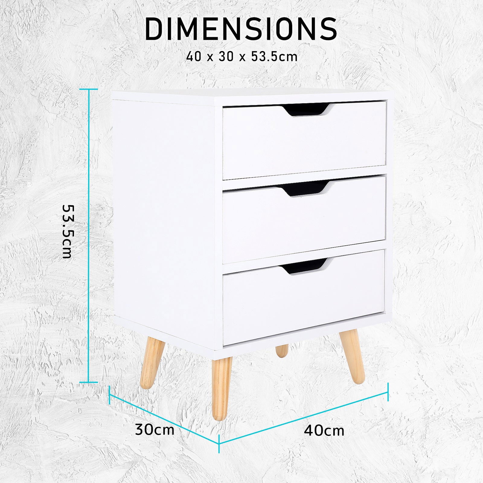 2X Bedside Table 3 Drawer Wood Leg Storage Cabinet Nightstand LACY WHITE - Cosy Abode