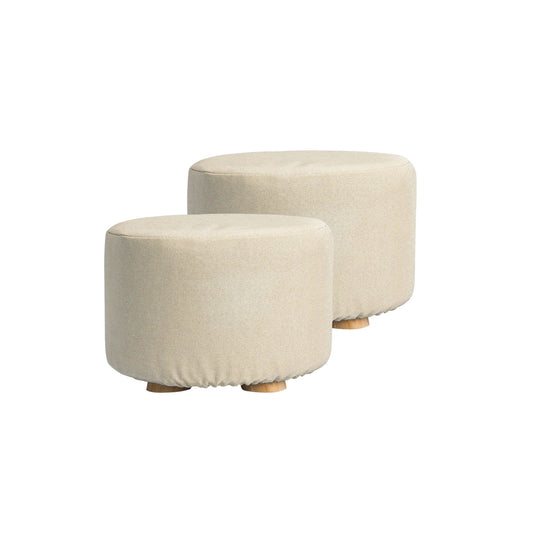 2X Fabric Ottoman Round Wooden Leg Foot Stool - BEIGE - Cosy Abode