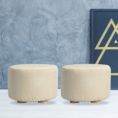 2X Fabric Ottoman Round Wooden Leg Foot Stool - BEIGE - Cosy Abode