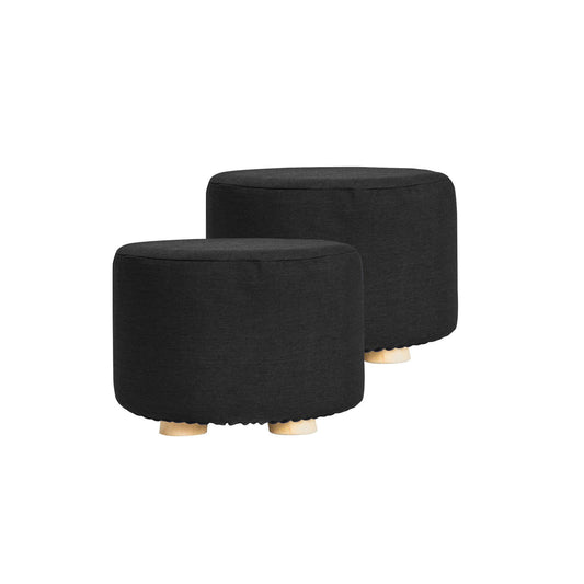2X Fabric Ottoman Round Wooden Leg Foot Stool - BLACK - Cosy Abode
