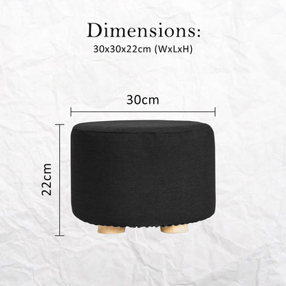 2X Fabric Ottoman Round Wooden Leg Foot Stool - BLACK - Cosy Abode