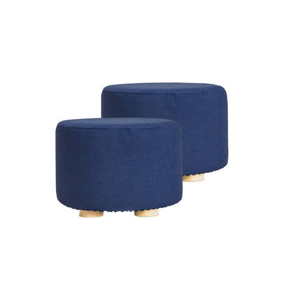 2X Fabric Ottoman Round Wooden Leg Foot Stool - DARK BLUE - Cosy Abode