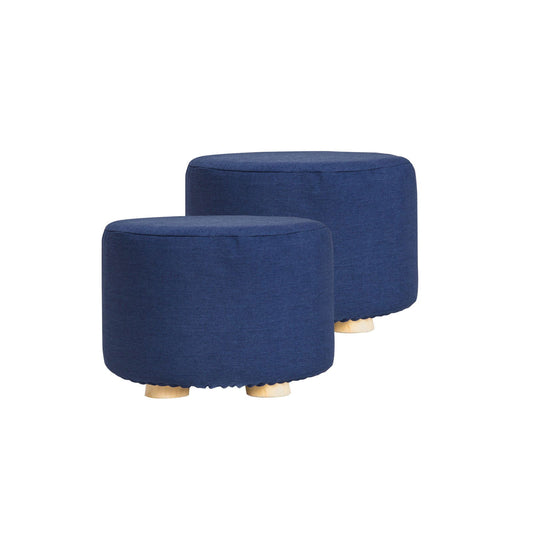 2X Fabric Ottoman Round Wooden Leg Foot Stool - DARK BLUE - Cosy Abode