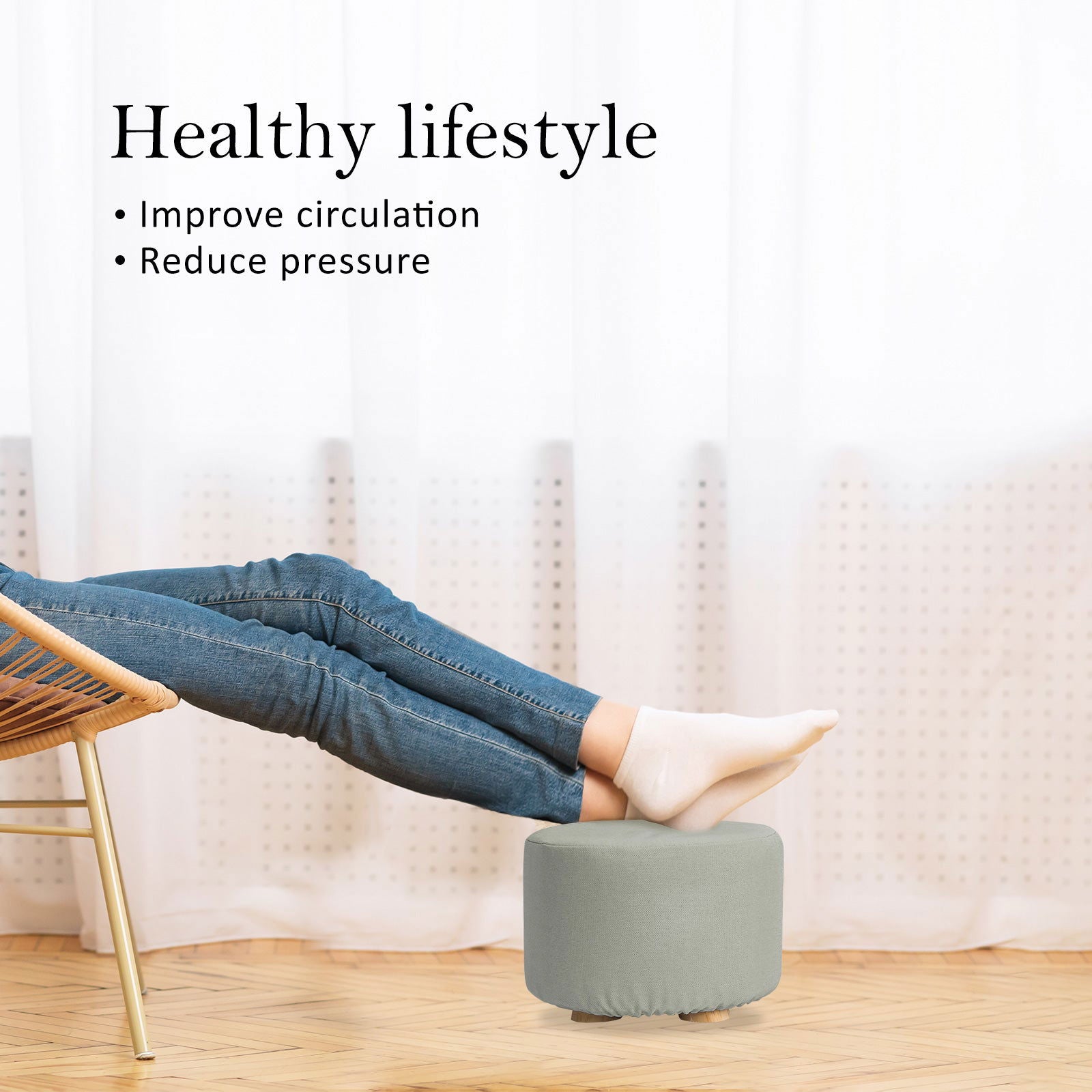 2X Fabric Ottoman Round Wooden Leg Foot Stool - GREY - Cosy Abode