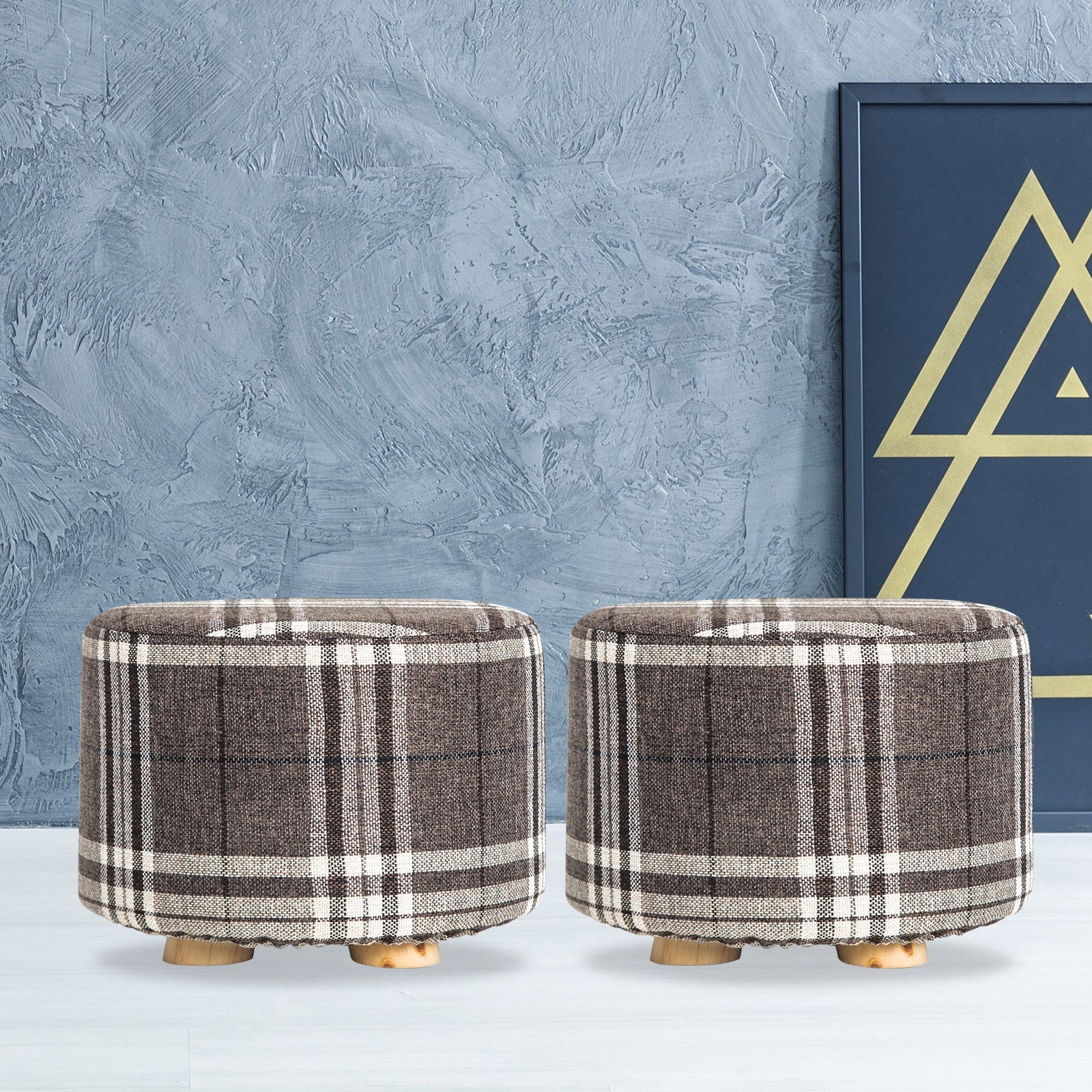 2X Fabric Ottoman Round Wooden Leg Foot Stool - LATTICE - Cosy Abode
