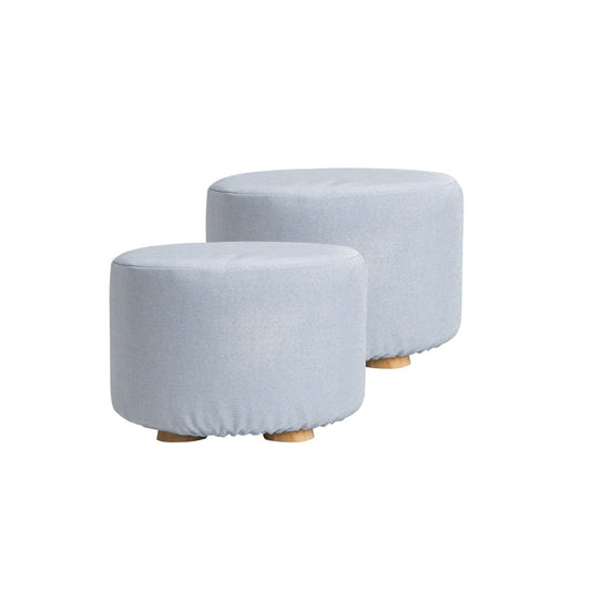 2X Fabric Ottoman Round Wooden Leg Foot Stool - LIGHT BLUE - Cosy Abode