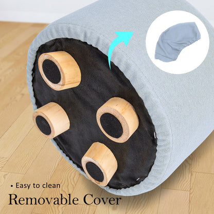 2X Fabric Ottoman Round Wooden Leg Foot Stool - LIGHT BLUE - Cosy Abode