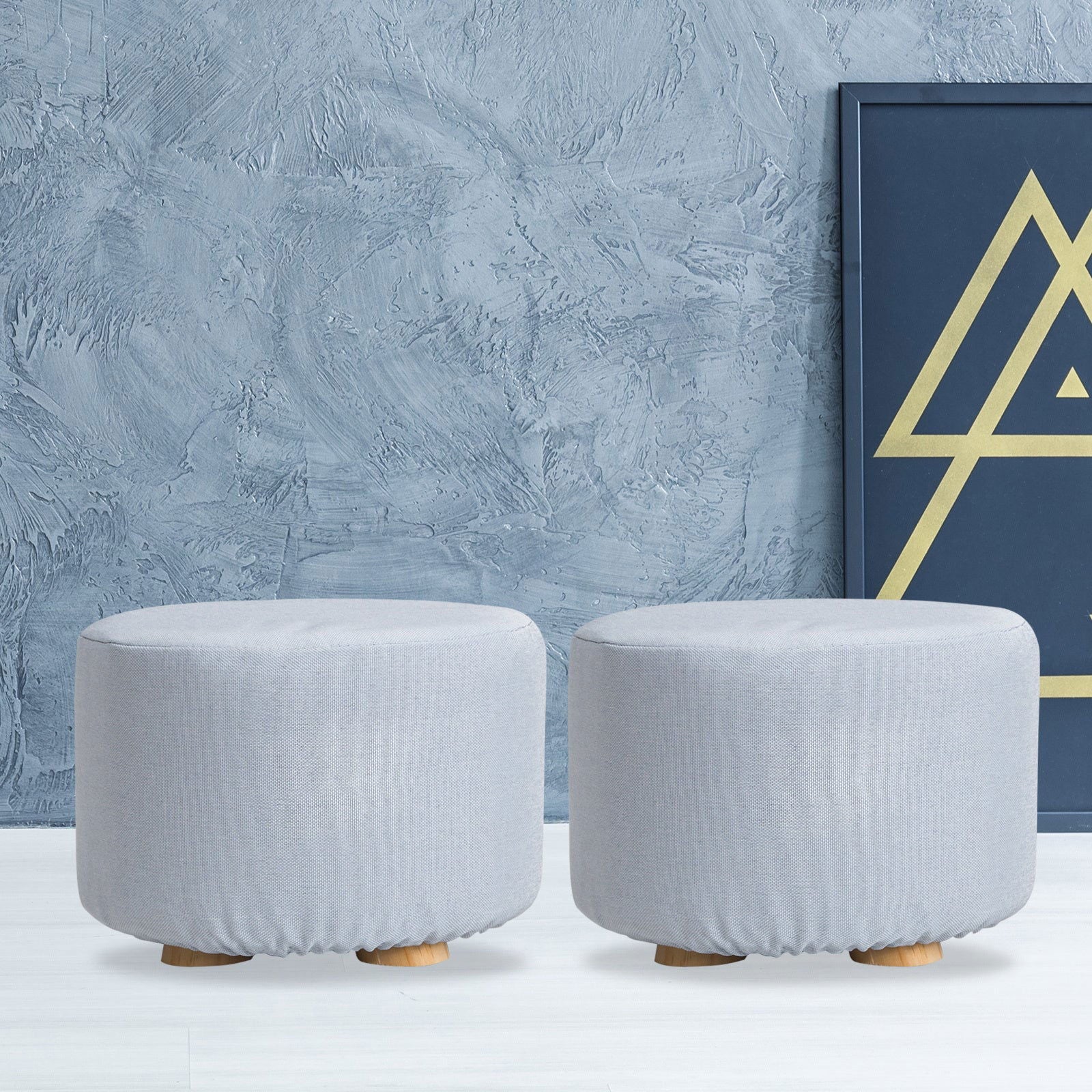 2X Fabric Ottoman Round Wooden Leg Foot Stool - LIGHT BLUE - Cosy Abode