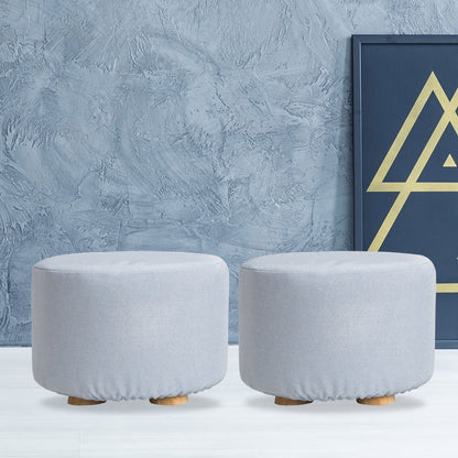 2X Fabric Ottoman Round Wooden Leg Foot Stool - LIGHT BLUE - Cosy Abode