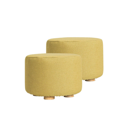 2X Fabric Ottoman Round Wooden Leg Foot Stool - Mustard Yellow - Cosy Abode