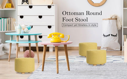 2X Fabric Ottoman Round Wooden Leg Foot Stool - Mustard Yellow - Cosy Abode