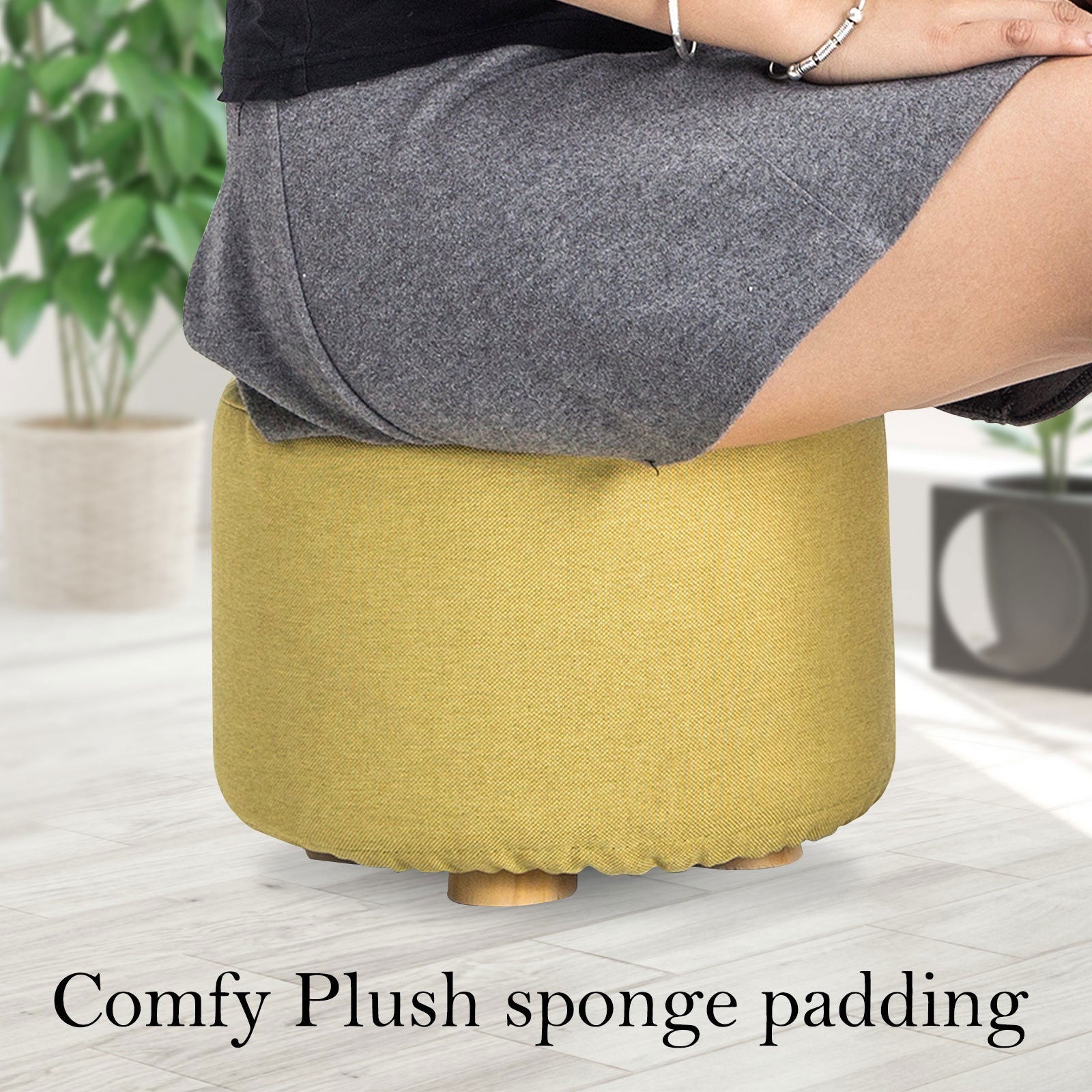 2X Fabric Ottoman Round Wooden Leg Foot Stool - Mustard Yellow - Cosy Abode