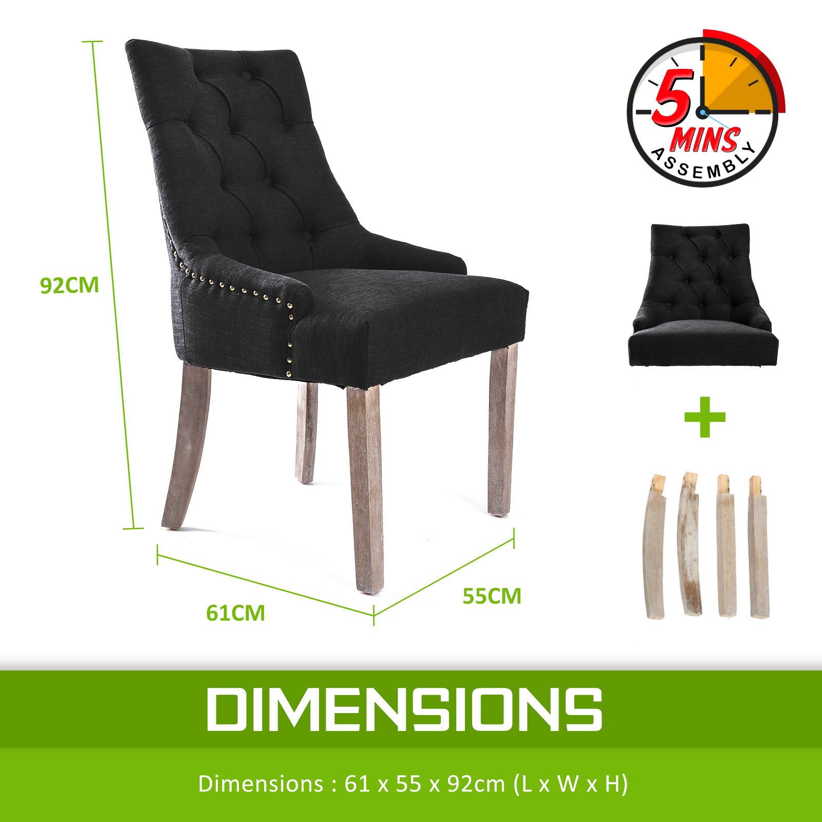 2X French Provincial Dining Chair Oak Leg AMOUR DARK BLACK - Cosy Abode