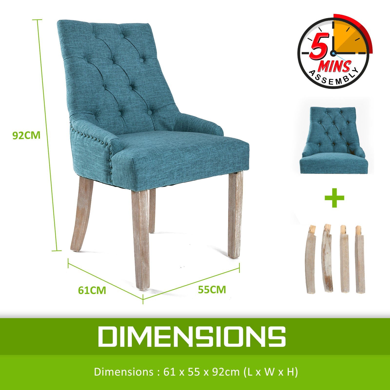 2X French Provincial Dining Chair Oak Leg AMOUR DARK BLUE - Cosy Abode