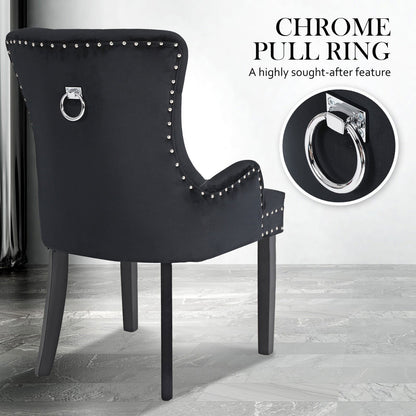 2X French Provincial Dining Chair Ring Studded Velvet Rubberwood Leg LISSE BLACK - Cosy Abode