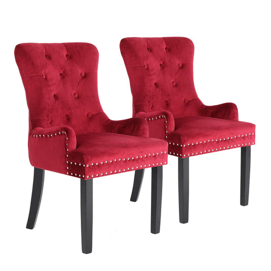 2X French Provincial Dining Chair Ring Studded Velvet Rubberwood Leg LISSE BORDEAUX RED - Cosy Abode