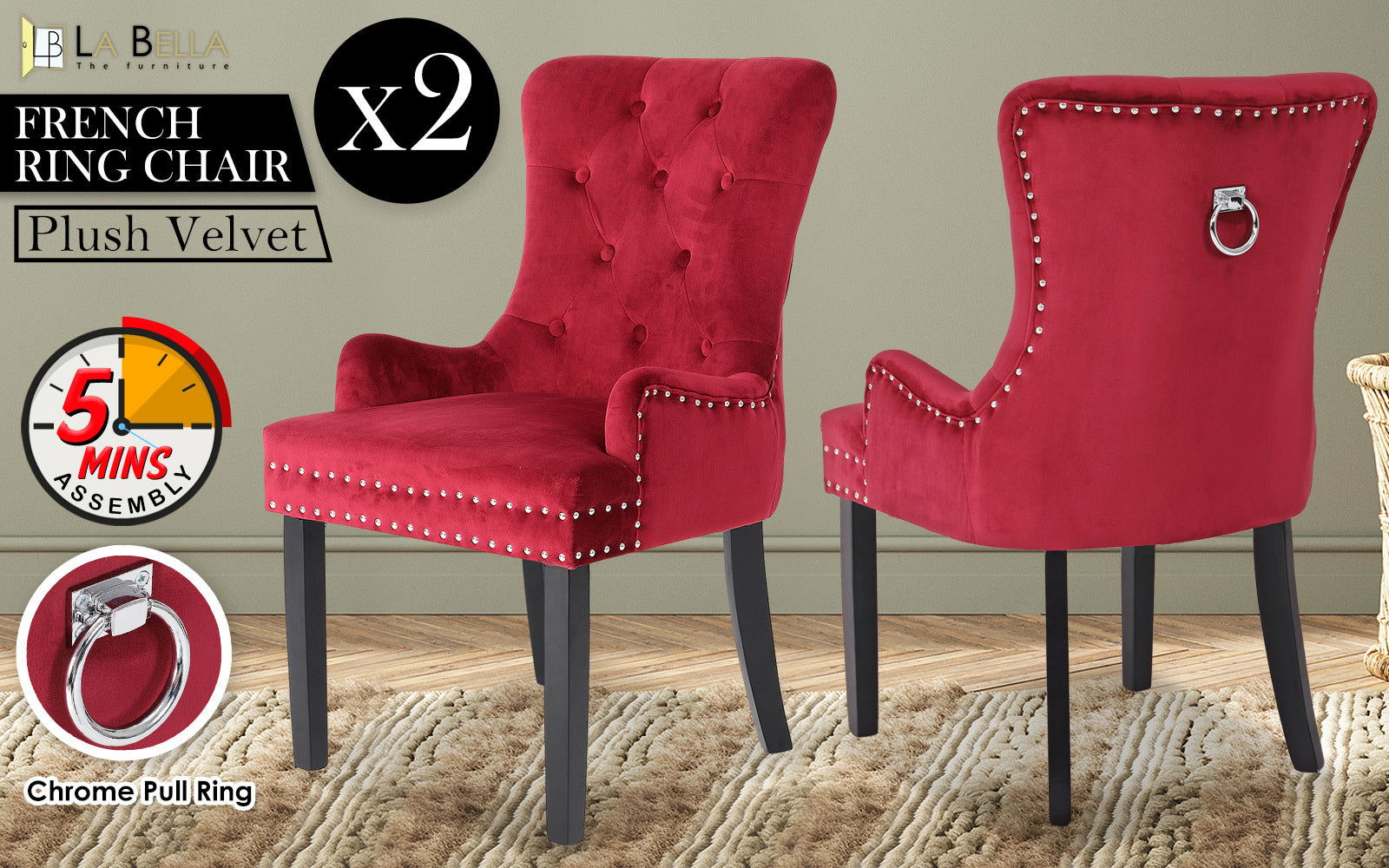 2X French Provincial Dining Chair Ring Studded Velvet Rubberwood Leg LISSE BORDEAUX RED - Cosy Abode