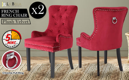 2X French Provincial Dining Chair Ring Studded Velvet Rubberwood Leg LISSE BORDEAUX RED - Cosy Abode