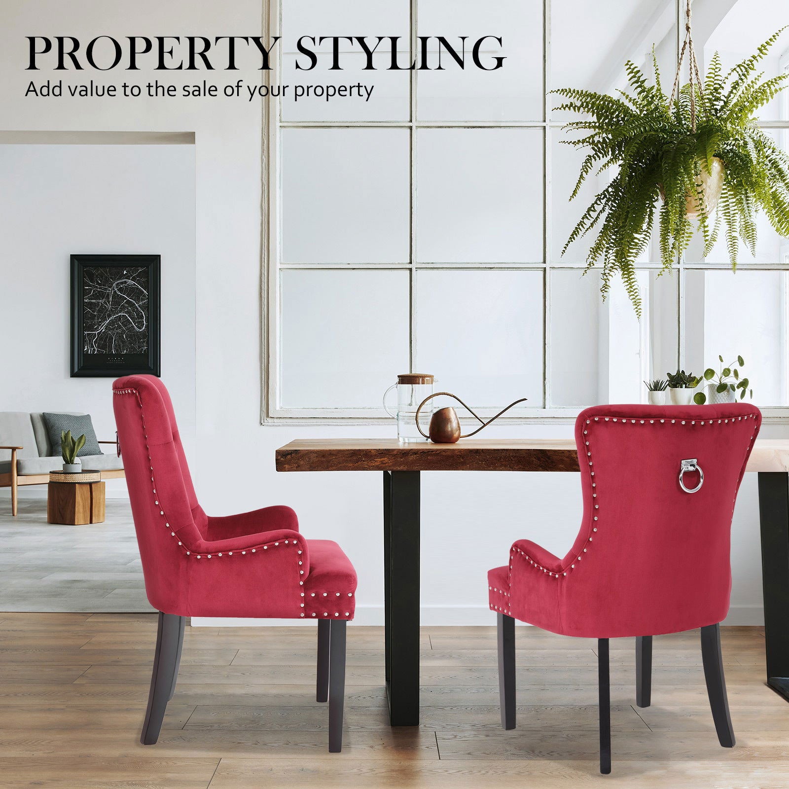 2X French Provincial Dining Chair Ring Studded Velvet Rubberwood Leg LISSE BORDEAUX RED - Cosy Abode