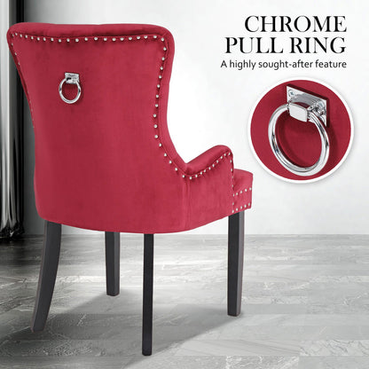 2X French Provincial Dining Chair Ring Studded Velvet Rubberwood Leg LISSE BORDEAUX RED - Cosy Abode