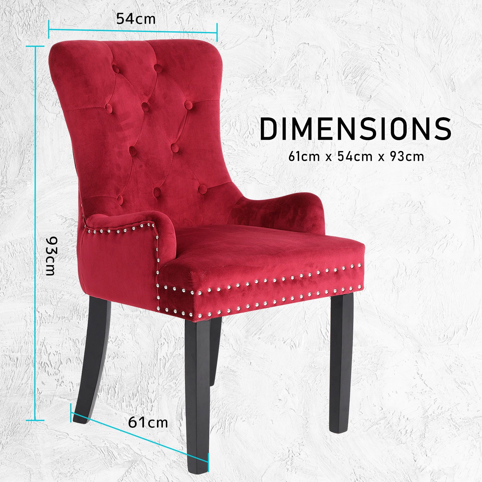 2X French Provincial Dining Chair Ring Studded Velvet Rubberwood Leg LISSE BORDEAUX RED - Cosy Abode