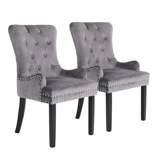 2X French Provincial Dining Chair Ring Studded Velvet Rubberwood Leg LISSE GREY - Cosy Abode