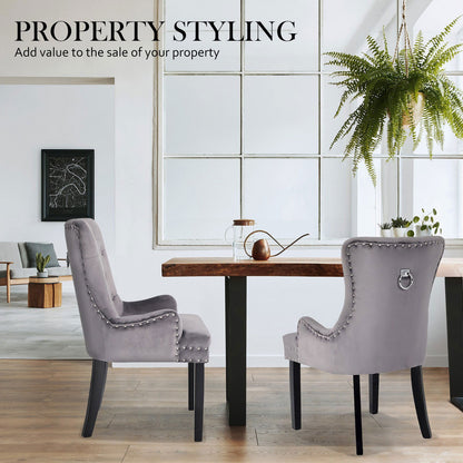 2X French Provincial Dining Chair Ring Studded Velvet Rubberwood Leg LISSE GREY - Cosy Abode