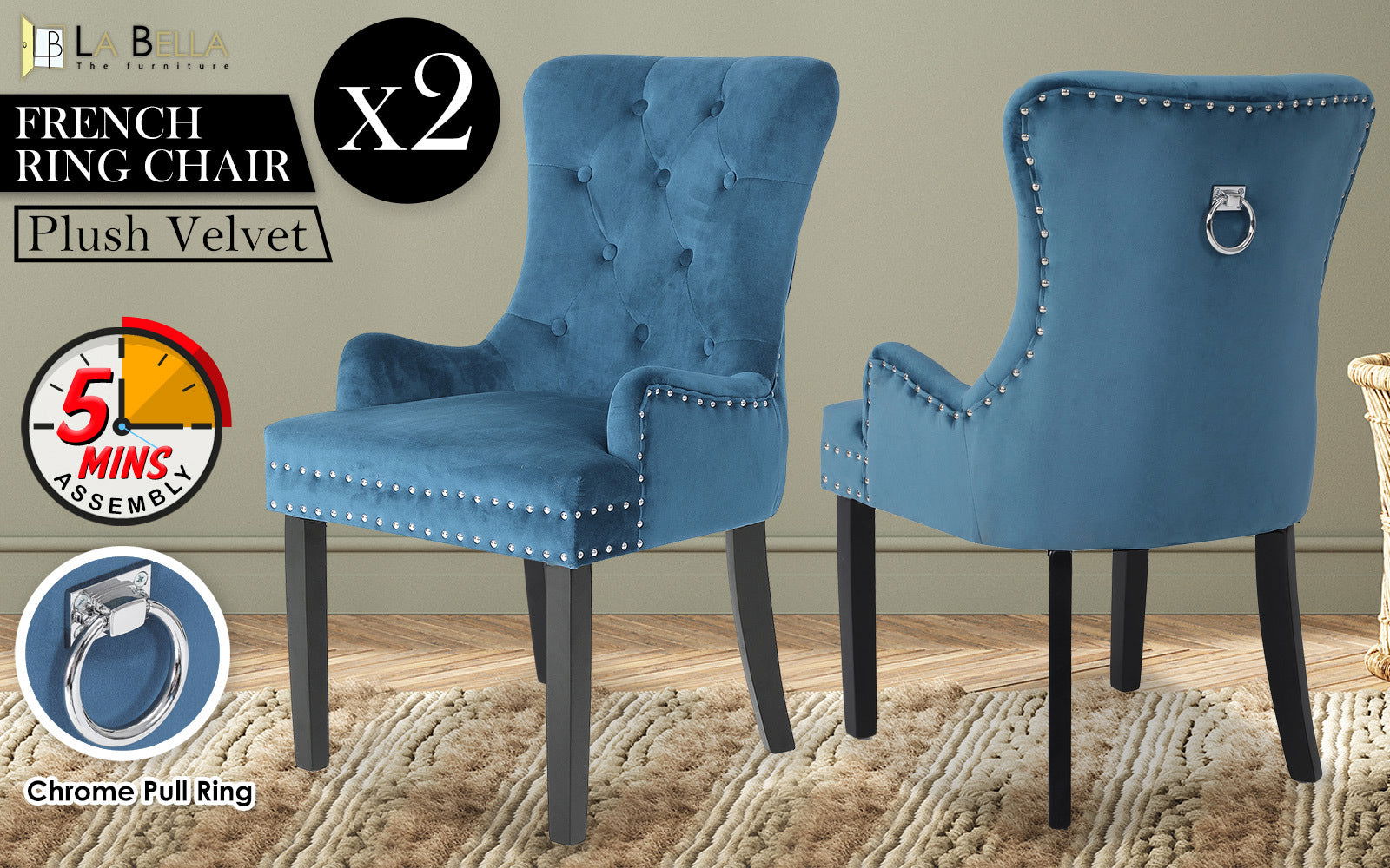 2X French Provincial Dining Chair Ring Studded Velvet Rubberwood Leg LISSE NAVY BLUE - Cosy Abode
