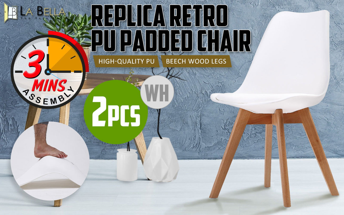 2X Retro Dining Cafe Chair Padded Seat WHITE - Cosy Abode
