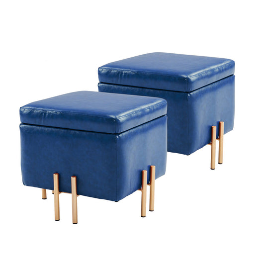 2X Storage Ottoman Foot Stool Cube Tuffet Seat 45cm PU Leather BLUE - Cosy Abode