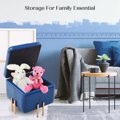 2X Storage Ottoman Foot Stool Cube Tuffet Seat 45cm PU Leather BLUE - Cosy Abode