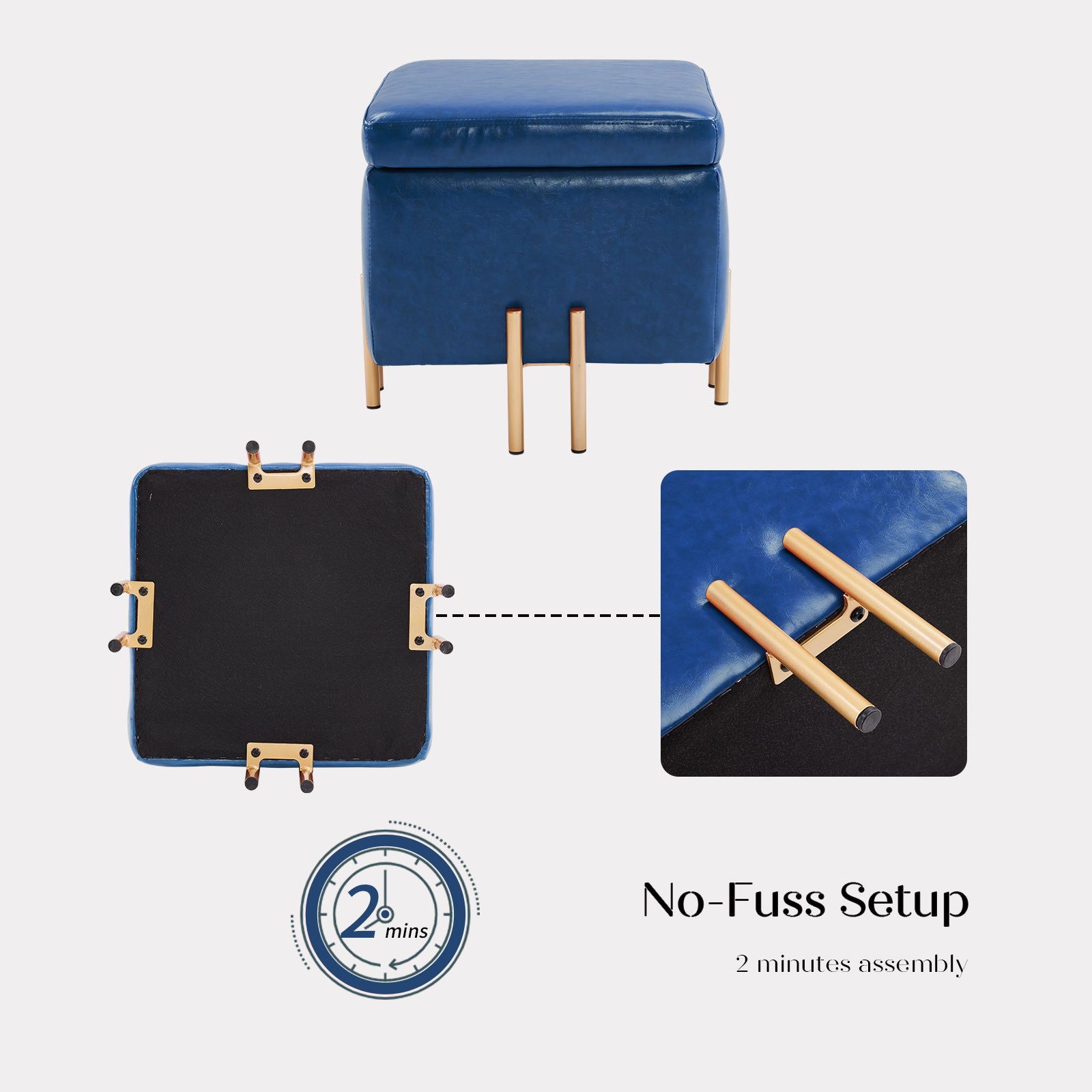 2X Storage Ottoman Foot Stool Cube Tuffet Seat 45cm PU Leather BLUE - Cosy Abode