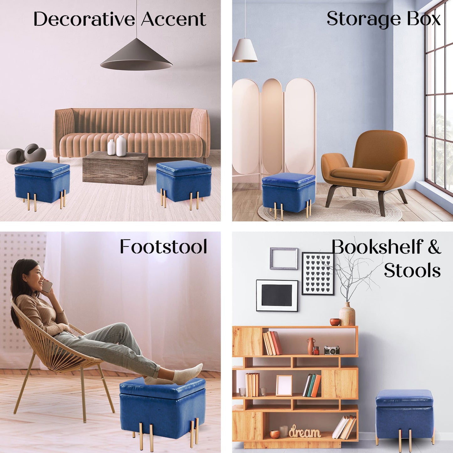 2X Storage Ottoman Foot Stool Cube Tuffet Seat 45cm PU Leather BLUE - Cosy Abode