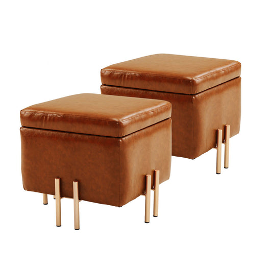2X Storage Ottoman Foot Stool Cube Tuffet Seat 45cm PU Leather BROWN - Cosy Abode