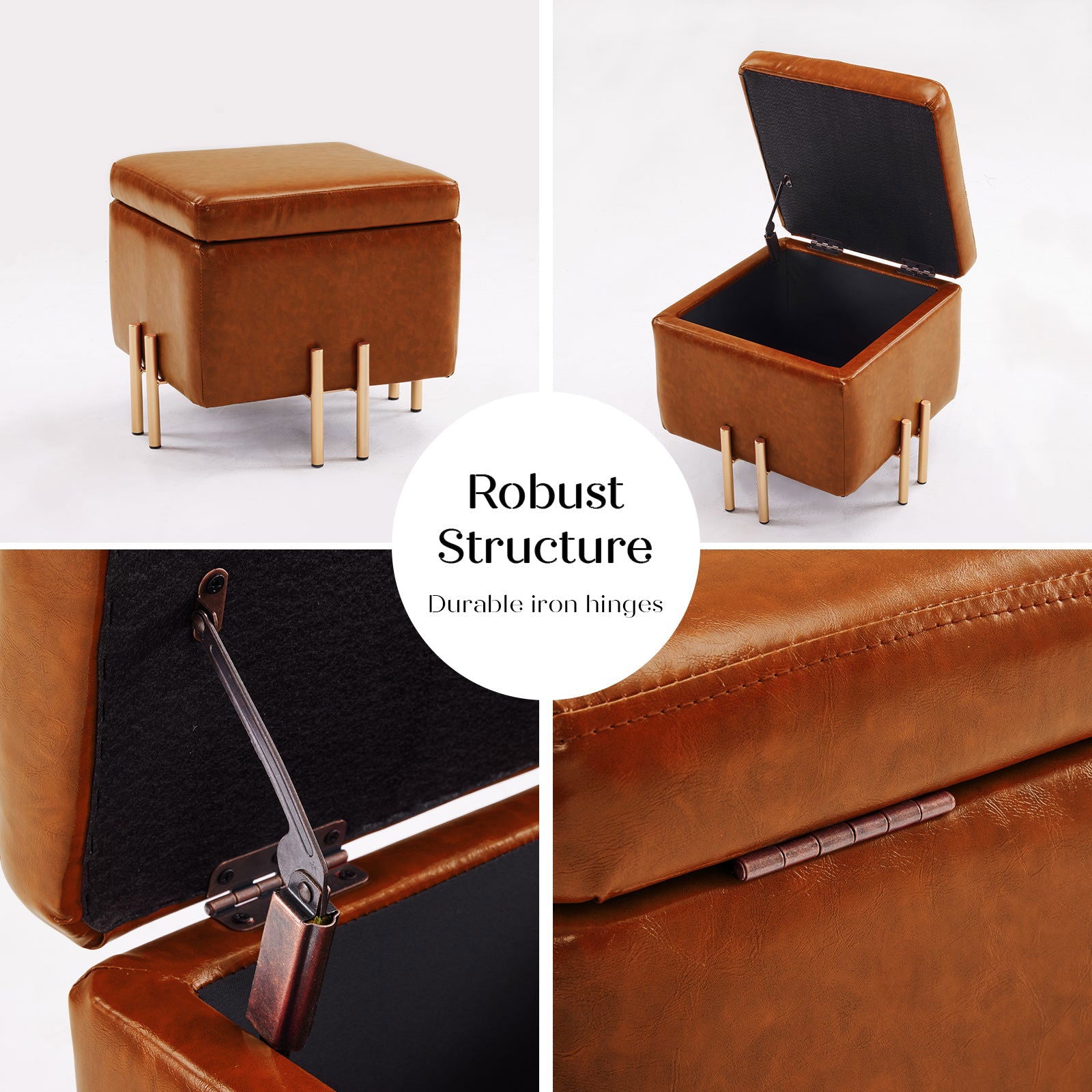 2X Storage Ottoman Foot Stool Cube Tuffet Seat 45cm PU Leather BROWN - Cosy Abode